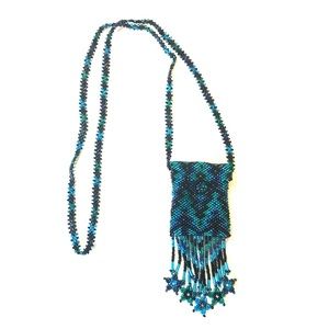 Glass Seed Bead Pouch Necklace Blue & Teal Tones